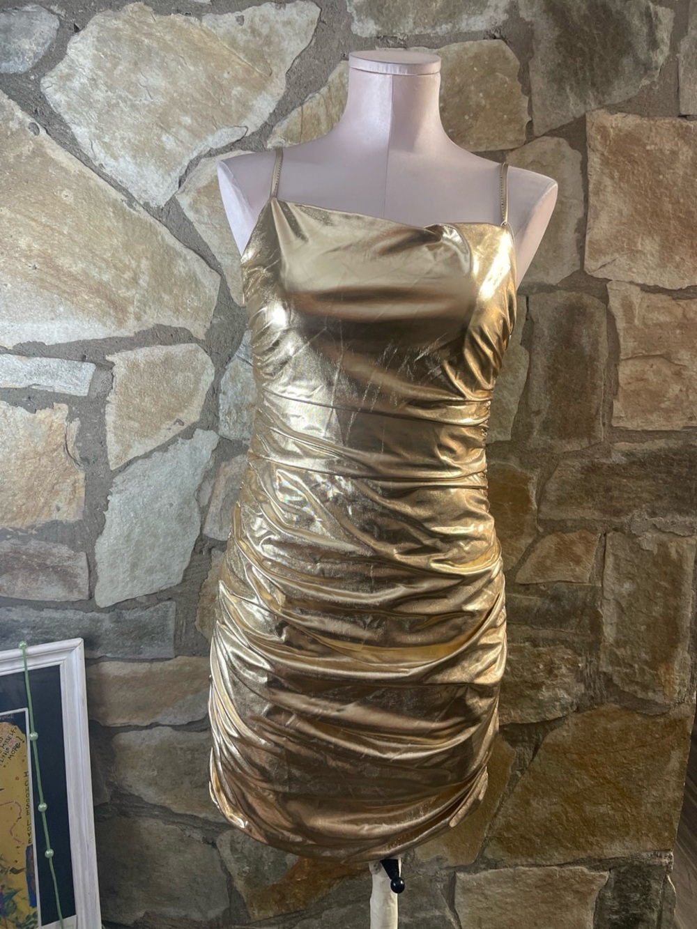 Gold Metallic Ruched Bodycon Mini Dress NWT Size M